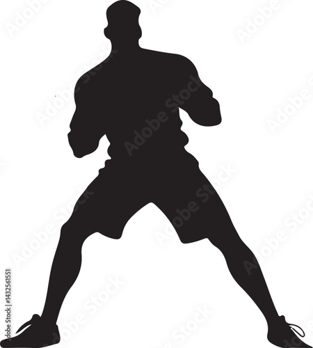 Silhouette of Male Boxer in Fighting Stance with Gloves Black and White Sports Art