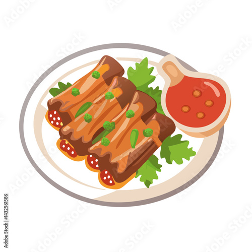 Delicious spring rolls with dipping sauce on plate