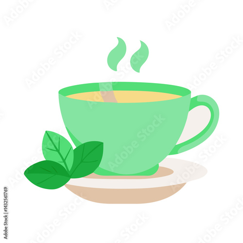 Steaming cup of herbal tea with mint leaves