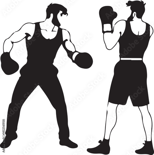 Silhouette of Male Boxer in Fighting Stance with Gloves Black and White Sports Art