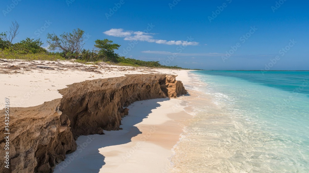 Addressing Climate Change and the Impact of Global Warming, Scenic beach with sandy shore and clear turquoise waters under a blue sky.