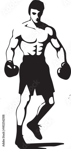 Silhouette of Male Boxer in Fighting Stance with Gloves Black and White Sports Art