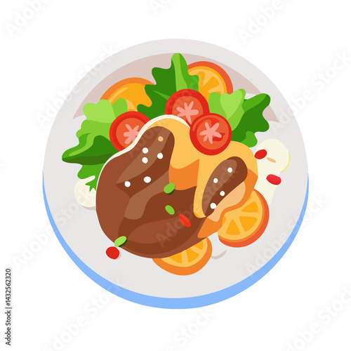 Delicious dish with meat, salad and orange slices