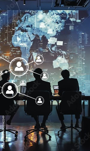 Professionals analyzing global data trends in a modern office with digital interfaces displayed