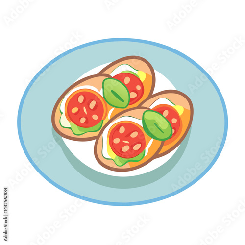 Tomato Bruschetta Appetizer Plate, Cartoon Style, Illustration, Isolated