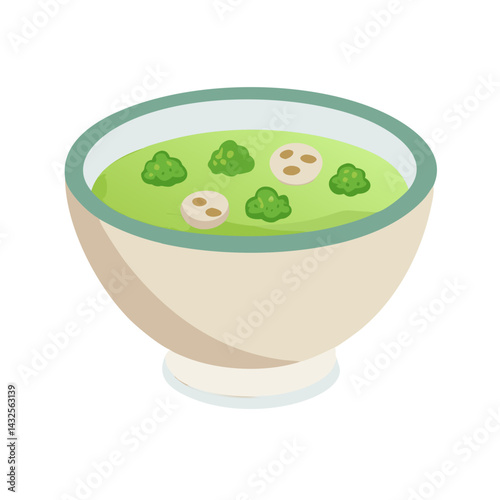 Bowl of green soup with broccoli and mushrooms