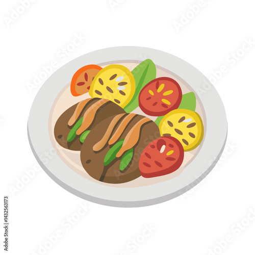 Grilled meat dish with tomatoes, squash, and spinach