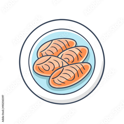 Four pieces of salmon sashimi served on a plate