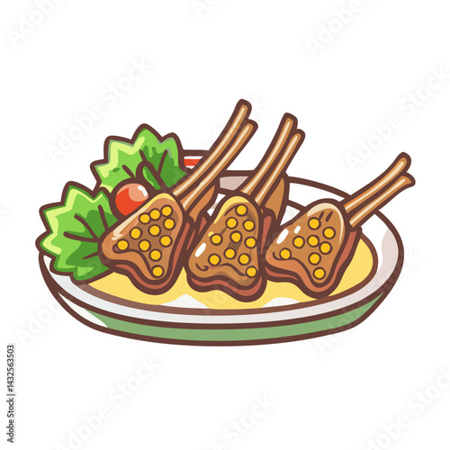 Grilled Lamb Chops Cartoon Style Food Illustration Vector