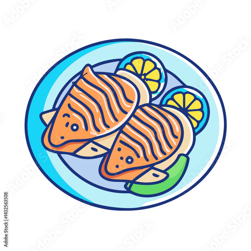Illustration of Grilled Salmon Fillets with Lemon Wedges
