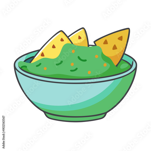 Guacamole bowl with tortilla chips illustration on black background