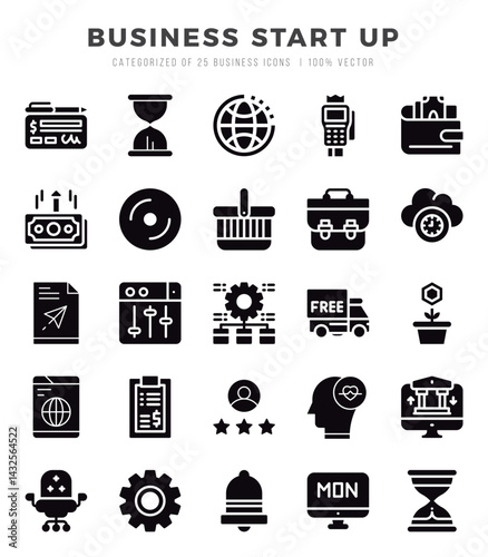 Set of simple Glyph Business Start Up Icons. Glyph art icons pack.
