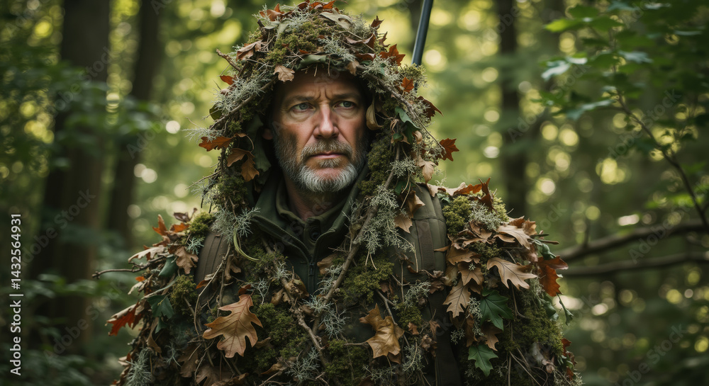 Obraz premium Man in camouflage ghillie suit with leaves and moss in forest. Hunter or wildlife photographer with natural camouflage. Outdoor survival techniques and nature observation training materials