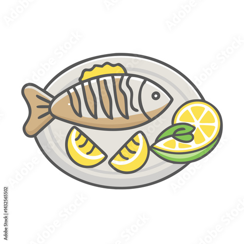 Grilled fish with lemon on plate cartoon illustration
