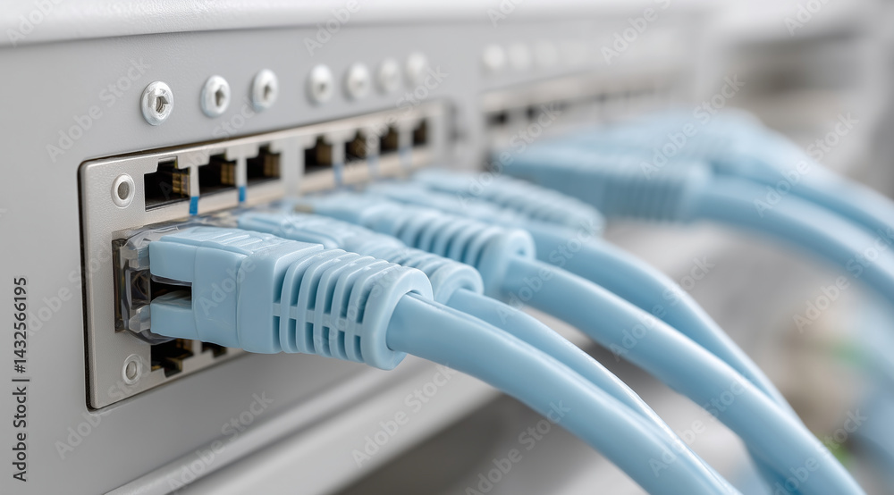 Blue network cables connected to a wall box in a modern office, close-up of a blue riser cable on a mainframe server rack with an orthographic view and a white background, wide-ang Blue network cables connected to a wall box in a modern office, close-up of a blue riser cable on a mainframe server rack with an orthographic view and a white background, wide-ang
