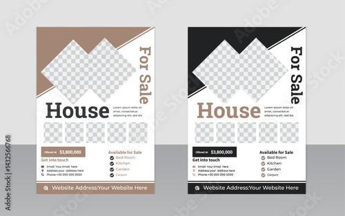 Modern House for Sale Flyer Template with Geometric Photo Frames and Minimalist Layout Design in Neutral Tones