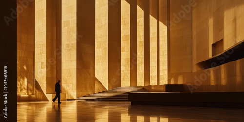 Golden Hour Silhouette: A Man Walking Through an Architectural Masterpiece