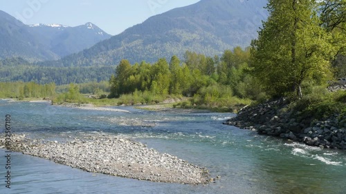 Chilliwack River as seen from the Vedder Rotary Trail North during a spring season in Chilliwack, Fraser Valley, British Columbia, Canada