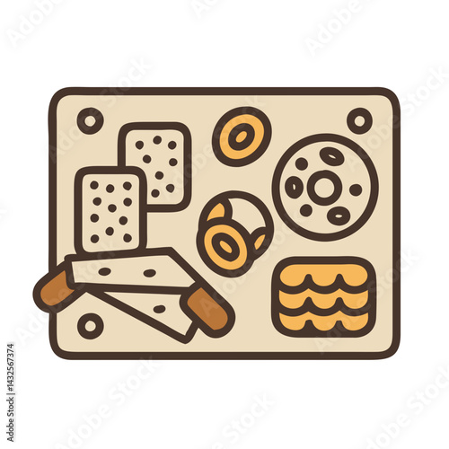 Cutting board with cheese and snacks minimalist illustration