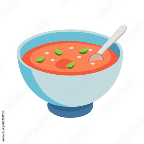 Bowl of tomato soup with spoon and topping