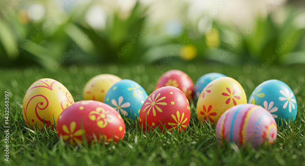 Colorful Easter Eggs on Grass Festive Spring Holiday Decoration Image Colorful Easter Eggs on Grass Festive Spring Holiday Decoration Image