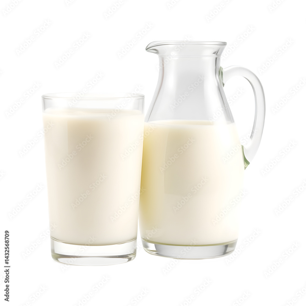 A glass and a pitcher of creamy, refreshing milk. Perfect for a healthy breakfast or a midday snack. A glass and a pitcher of creamy, refreshing milk. Perfect for a healthy breakfast or a midday snack.