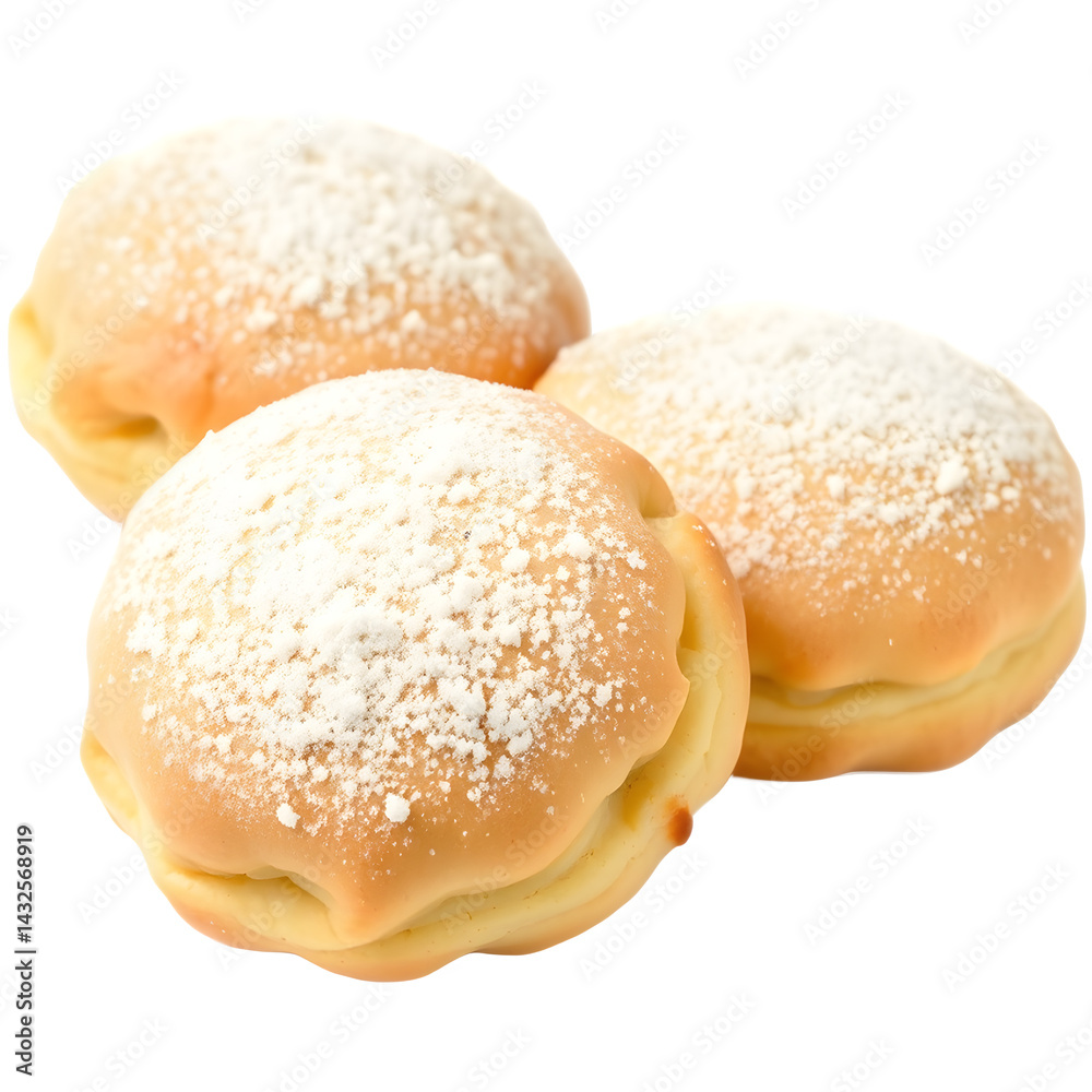Three golden-brown pastries, dusted with powdered sugar, sit close together. A sweet treat! Three golden-brown pastries, dusted with powdered sugar, sit close together. A sweet treat!