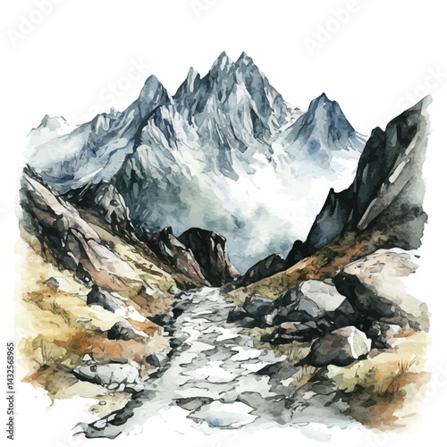 watercolor of Narrow Mountain Pass, vector, isolated on a white background.