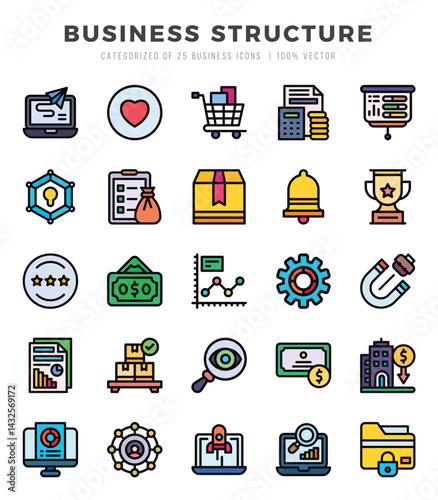 Business Structure Lineal Color icons collection. 25 icon set. Vector illustration.