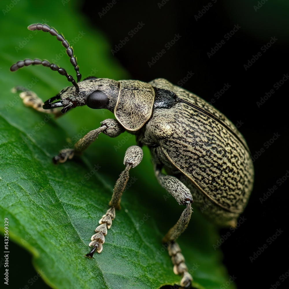 Close-up of a beetle on a leaf. Detailed view of insect's exoskeleton and legs Close-up of a beetle on a leaf. Detailed view of insect's exoskeleton and legs