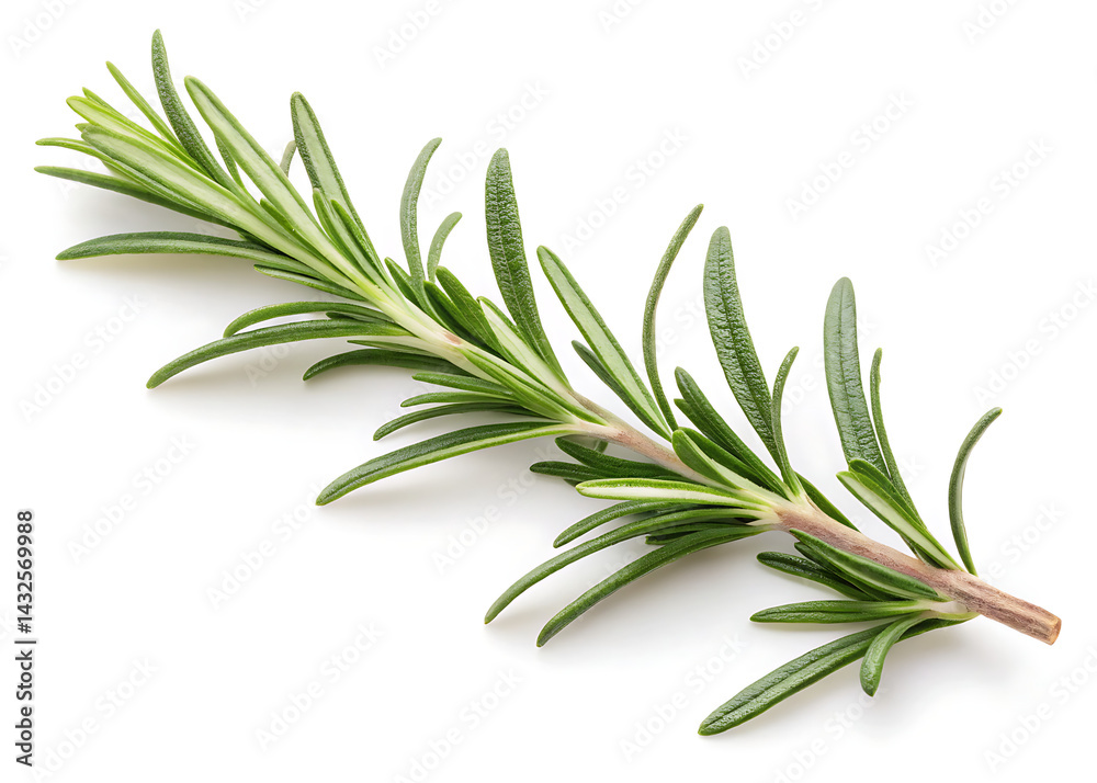 Fototapeta premium Fresh rosemary twig isolated on transparent background, Object for food, health, hair care or perfumery related design element, cut out, PNG, top view AND flat lay.