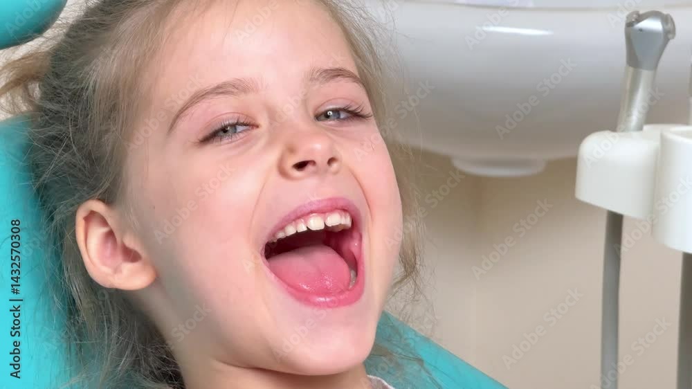 Close-up of little girl opening her mouth wide to the doctor to show her throat. Child is sitting with wide open mouth, with a tongue stuck out, clear view on the uvula and the soft palate
