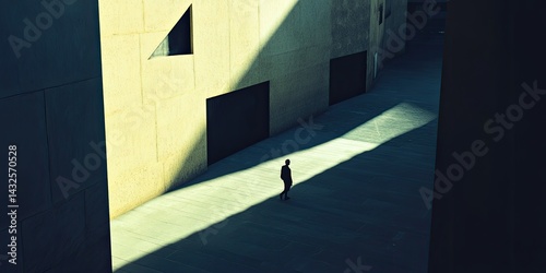 Solitary Figure in a Sunlit Modern Architectural Space: A Study in Light and Shadow