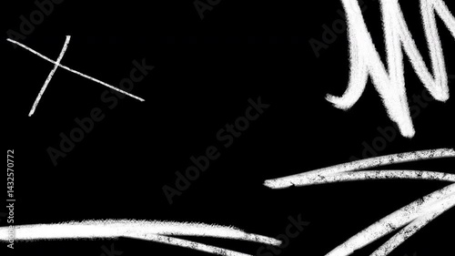 Pack of 9 monochromatic animations of white grunge pencil and brush doodle lines and textures on black background. Low frame rate effect. Seamless loop.