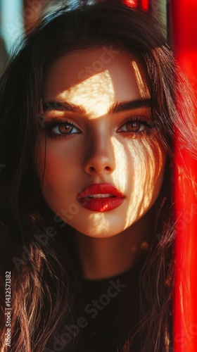 Close-up portrait of a young woman with striking features and natural light play across her face