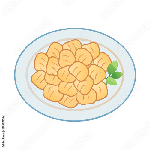 Plate of gnocchi pasta with basil garnish, cartoon