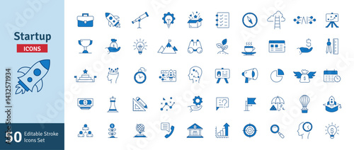 Startup Blue Line Editable Stroke Icons Set. Funding, Planning, Strategy, Launch, Marketing, Growth, Ideas, Technology, Creativity Icons Vector Illustration
