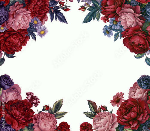 Vintage-style flat frame adorned with elegant floral arrangements of peonies and assorted blooms in vibrant colors