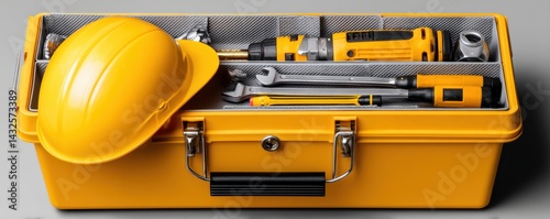 A neatly organized toolbox with various tools and a helmet placed on top - hardhat construction box helmet power