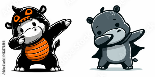 baby hippo wear halloween costume and pose dabbing. Funny Animal Vector Clip art. Infant pygmy amphibian trick-or-treat attire adopt one movement.