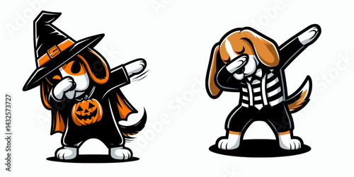 Beagle Dog wear halloween costume and pose dabbing. Funny Animal Vector Clip art. Canine trick dab autumn festivity attire.