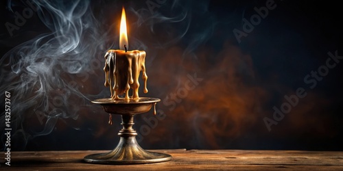 Old bronze candlestick with melted wax on the surface, surrounded by flames, against a dark isolated background #burningcandle , bronze candle, vintage candlestick photo