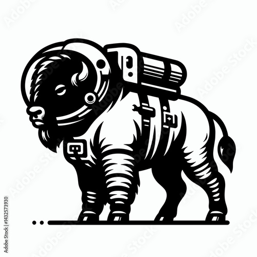 Bison in astronaut costume. Funny Animal Vector Clip art. Horned mammal lunar explorer attire comical design.