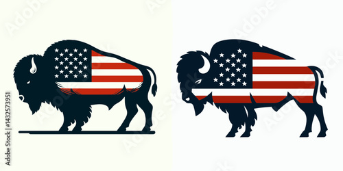 Bison with american flag. Funny Animal Vector Clip art. Usa banner buffalo patriotic wild image freedom symbol.