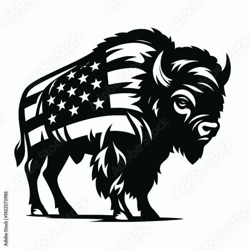 Bison with american flag. Funny Animal Vector Clip art. Patriotic buffalo usa banner image national symbol.