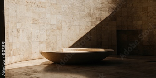 Sunlit Modern Architectural Interior Design: A Minimalist Stone Bowl in a Beige Tiled Room