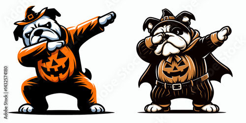 Bulldog Dog wear halloween costume and pose dabbing. Funny Animal Vector Clip art. Canine attire trick-or-treat dab gesture picture.