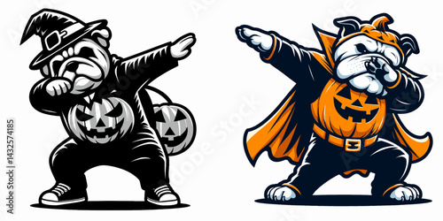 Bulldog Dog wear halloween costume and pose dabbing. Funny Animal Vector Clip art. Canine attire trick treat dab posture celebration.