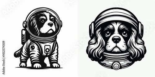 Cavalier King Charles Spaniel Dog in astronaut costume. Funny Animal Vector Clip art. Cosmic canine royal pup wearing space outfit apparel.