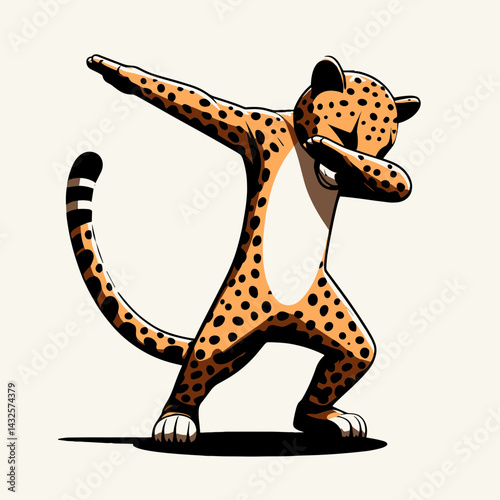 Cheetah wear halloween costume and pose dabbing. Funny Animal Vector Clip art. Big cat in spooky dress doing hip hop dance at october party.